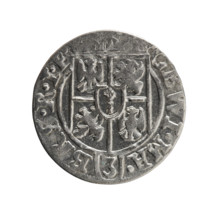 One and a half (coin). Obverse: Under the ducal mitre, a five-field heraldic shield with the value