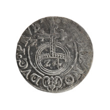 One-and-a-half (coin). Obverse: Under a ducal mitre, a five-field coat of arms; on the rim between
