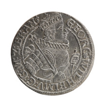 Obv. Bust facing right in a mitre, wide ruff and armor girded with a sash. A sceptre in his right