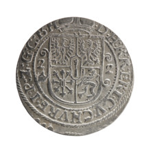 Obverse: Bust facing right in a mitre, wide ruff and armor girded with a sash. A sceptre in his