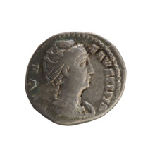 Denarius, after 141 CE. Obverse: Bust of Faustina the Elder (98–141), draped, hair in a top bun,