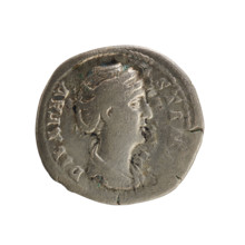 Denarius, after 141 CE. Obverse: legend 'DIVA FAV STIN.' Bust of Faustina the Elder turned to the
