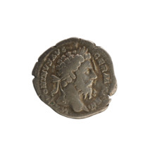 Denarius of Marcus Aurelius (121–180; Roman emperor 161–180). Obverse: head of Marcus Aurelius with