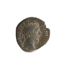 Denarius of Marcus Aurelius (121–180; Roman emperor 161–180). Obverse: Head of Marcus Aurelius with