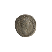 Denarius of Commodus (161–192 CE). Obverse: Emperor's head right, laurel wreath; pearl border;