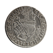 Obv. Bust facing right in a mitre, wide ruff and armor girded with a sash. A sceptre in his right