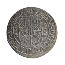 Obv. Bust facing right in a mitre, wide ruff and armor girded with a sash. A sceptre in his right