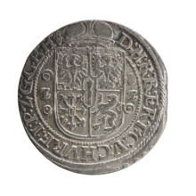 Obv. Bust facing right in a mitre, wide ruff, and armor girded with a sash. In his right hand a