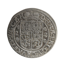 Obv. Bust facing right in a mitre, wide ruff and armor girded with a sash. A sceptre in his right