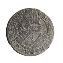Obv. Bust facing right in a mitre, wide ruff and armor girded with a sash. A sceptre in his right