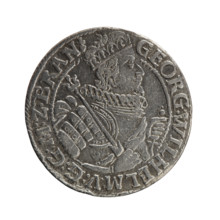 Obv. Bust facing right in a mitre, wide ruff and armor girded with a sash. A sceptre in his right