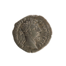 Denarius of Commodus (161–192 CE). Obverse: Emperor's head right, wearing a laurel wreath;