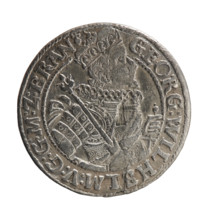 Obv. Bust facing right in a mitre, wide ruff and armor girded with a sash. A sceptre in his right