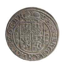 Obv. Bust facing right in a mitre, wide ruff and armor girded with a sash. A sceptre in his right