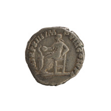 Denarius of Commodus (reign 177–192 CE). Obverse: laureate head of the emperor right; inscribed AW