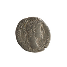 Denarius of Commodus (reign 177–192). Obverse: Emperor's bust right, laurel-wreathed; inscription L