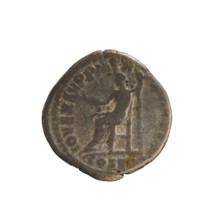Denarius of Commodus (reign 177–192 CE). Obverse: Emperor's bust right, wearing a laurel wreath;
