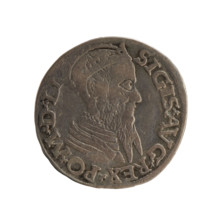 Lithuanian two-grosz coin of Sigismund II Augustus (King of Poland, 1544–1572). Obverse: crowned