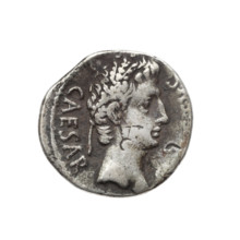 Denarius of Octavian Augustus (63 BC–14; Roman emperor 27 BC–14). Obverse: Head of Augustus in a