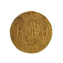 Obverse: Bust turned right with long hair, pointed beard and mustache, wearing a ducal mitre,