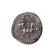 Denarius, ca. 29–27 BC. Obverse: Victoria standing on the prow of a ship turned to the right,