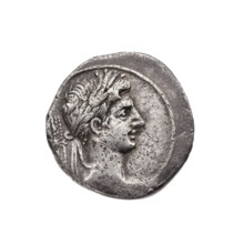 Denarius. Obverse: head of Octavian's herm with a laurel wreath at right, behind it a thunderbolt;