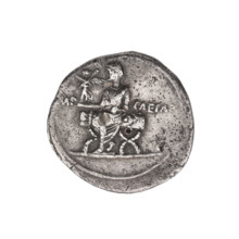 Denarius. Obverse: Head of Octavian's herm with laurel wreath at right; behind it a thunderbolt.