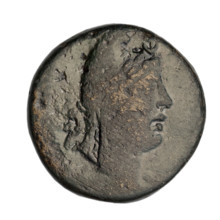bronze coin, Gorgippia; obverse: head of a youth (Men? Attys?) in a Phrygian cap and a laurel