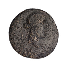 bronze coin, Gorgippia; head of Apollo (iconographic), tripod (iconographic), thyrsus