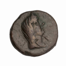 bronze coin, Phanagoria (as Agrippias), woman's head (iconographic), prora (iconographic), woman's