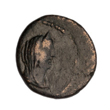 Bronze coin, end 1st century BC, Cimmerian Bosporus, Phanagoria. Obverse: head of a woman in a