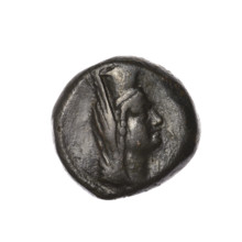 Bronze coin, Pantikapaion (as Kaisarea); obverse: woman's head in kalathos and veil (Aphrodite
