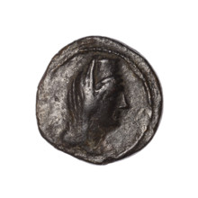 Bronze coin, Pantikapaion (as Kaisarea); obverse: woman's head in kalathos and veil (Aphrodite