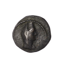 Bronze coin, Pantikapaion (as Kaisarea); obverse: woman's head in kalathos and veil (Aphrodite