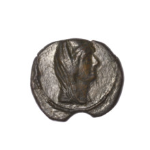 bronze coin, Pantikapaion (as Kaisarea); obverse: woman's head in kalathos and veil (Aphrodite