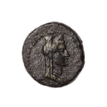 bronze coin, Pantikapaion (as Kaisarea); obverse: bust of a woman in a mural crown and a veil