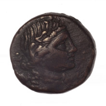 bronze coin, Pantikapaion; obverse: head of young Dionysus in an ivy wreath facing right; reverse: