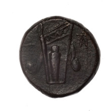 bronze coin, Pantikapaion; obv.: head of young Dionysus in an ivy wreath facing right; rv.: bow and
