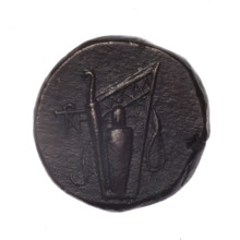 bronze coin, Pantikapaion, obv.: head of young Dionysus in an ivy wreath facing right; rv.: bow and