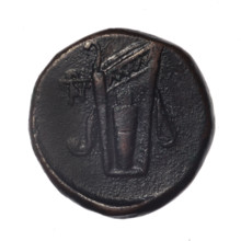 Bronze coin, Pantikapaion; obv.: head of young Dionysus in an ivy wreath facing right; reverse: bow