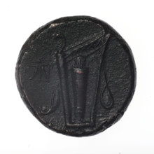 Bronze coin, Pantikapaion; obverse: head of young Dionysus in an ivy wreath facing right; reverse: