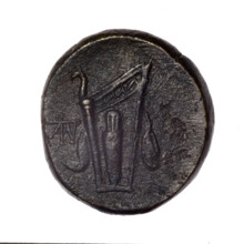 bronze coin, Pantikapaion; obverse: head of young Dionysus in an ivy wreath facing right; reverse: