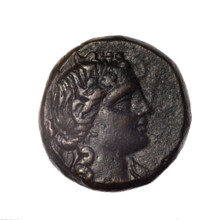 bronze coin, Pantikapaion; obverse: head of young Dionysus in an ivy wreath facing right; reverse: