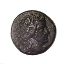 bronze coin, Pantikapaion; obverse: head of young Dionysus in an ivy wreath facing right; reverse: