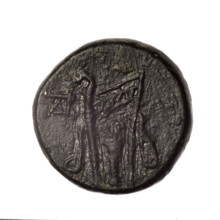 bronze coin, Pantikapaion; obverse: head of young Dionysus in an ivy wreath facing right; reverse: