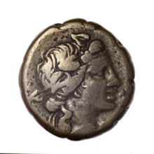 bronze coin, Pantikapaion; obverse: head of young Dionysus in an ivy wreath facing right; reverse: