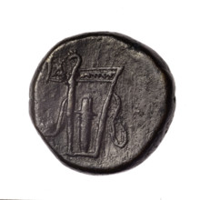 Bronze coin, Pantikapaion; obverse: head of young Dionysus in an ivy wreath facing right; reverse: