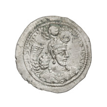 Drachma of Yazdegerd I (ruler of Persia, 399–420). Obverse: Bust of Yazdegerd I facing right,