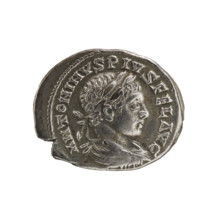 Denarius depicting legionary standards between vexillae; obverse: bust of Emperor Elagabalus in