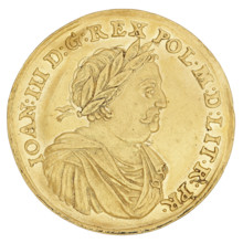Crown Double Ducat, Jan III Sobieski (King of Poland; 1674–1696), minted in Bydgoszcz. Obv.: Bust